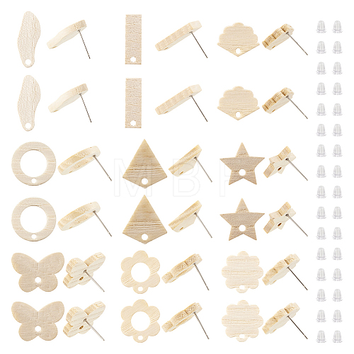  36Pcs 9 Styles Rectangle & Flower & Butterfly & Star Ash Wood Stud Earring Findings EJEW-TA0001-19-1