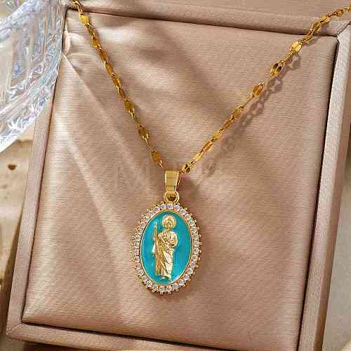 Elegant Vintage Brass Clear Shiny Cubic Zircon Saint Jude Pendant Necklaces with Enamel for Daily Wear LC4169-3-1