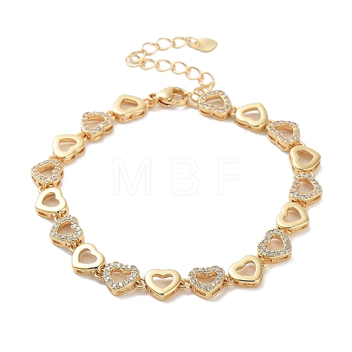 Rack Plating Brass Pave Clear Cubic Zirconia Heart Link Chain Bracelets for Women BJEW-R317-07G-1