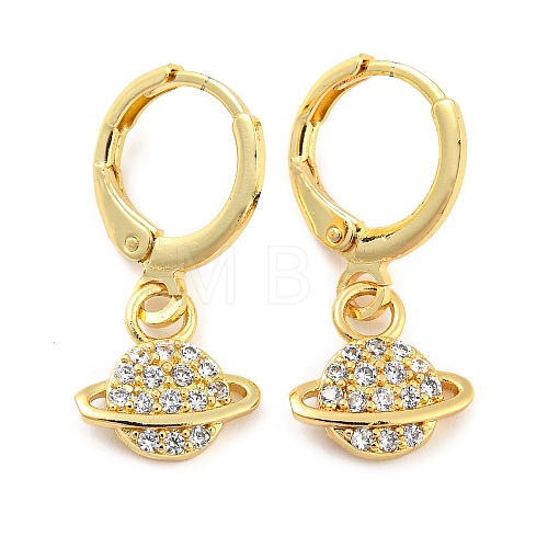 Planet Shape Rack Plating Brass Micro Pave Cubic Zirconia Dangle Leverback Earrings EJEW-P240-06G-1