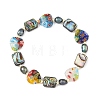 Handmade Millefiori Lampwork Heart & Dyed Rice Natural Pearl & Rectangle Paua Shell Beaded Stretch Bracelets BJEW-JB14296-3