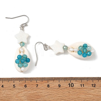 Natural Agate & Cultured Freshwater Pearl & Cowrie Shell Beads Dangle Earrings EJEW-JE07199-1