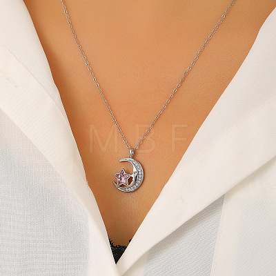 Brass Rose Rhinestone Moon with Star Pendant Necklaces for Women WG06C1A-11-1
