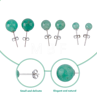 FIBLOOM 3 Pairs 3 Styles Natural Green Aventurine Round Stud Earrings with 925 Sterling Silver Pins EJEW-FI0002-16-1