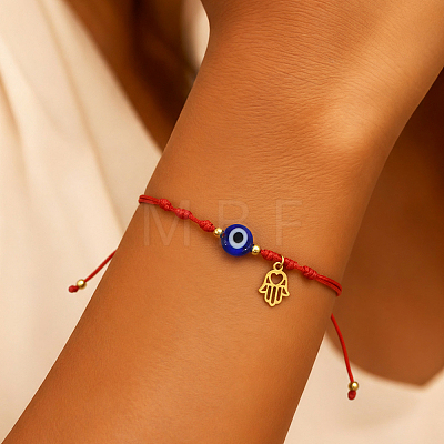 Handmade Adjustable Blue Evil Eye Glass Braided Bead Bracelets with Stainless Steel Religion Hamsa Hand for Women KO5639-1-1