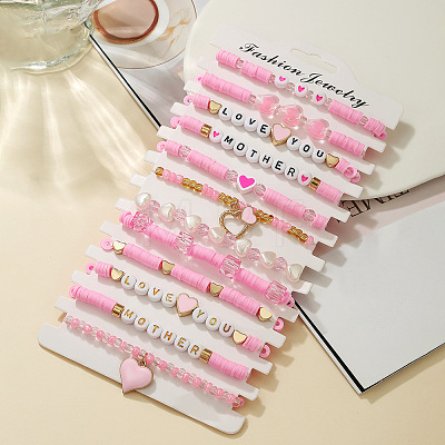 12Pcs Mother's Day Polymer Clay & Plastic & Acrylic & Glass Beaded Stretch Bracelets & Charm Bracelets Set for Women FS-WG6B295-08-1