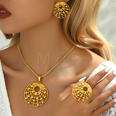 Elegant Vintage Style Real 18K Gold Plated Brass Round with Flower Earrings & Necklaces & Ring Sets for Women VD0748-1