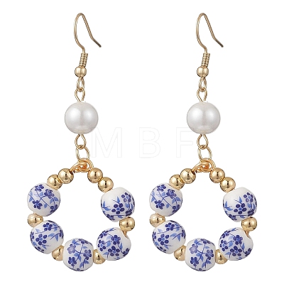 Printed Porcelain Round Dangle Earrings EJEW-JE06838-02-1