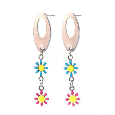 Oval with Flower Enamel Long Dangle Stud Earrings EJEW-N049-05B-1