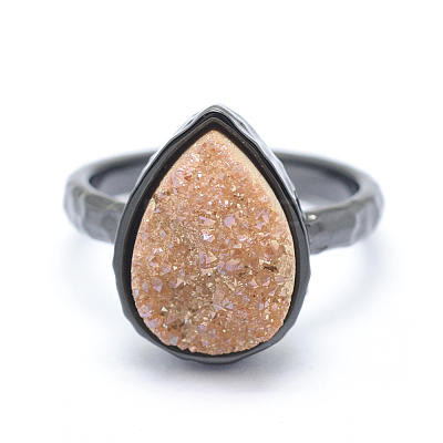 Electroplate Natural Druzy Quartz Crystal Finger Rings RJEW-I055-06B-RS-1