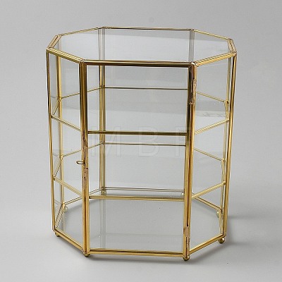 3-Tier Hexagon Glass Jewelry Organizer Display Cases with Iron Frame ODIS-WH0025-335B-1