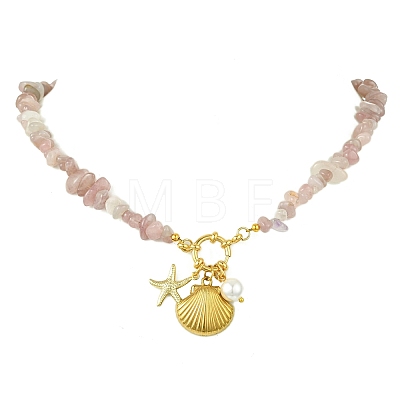 Ocean 304 Stainless Steel Shell Shape Starfish & Shell Pearl Pendant Necklaces NJEW-JN06023-1