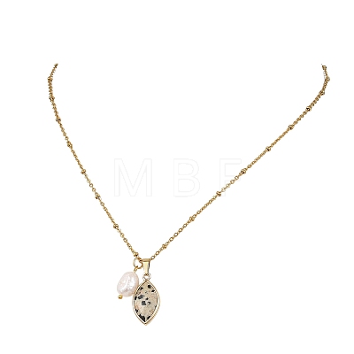 Rice Natural Pearl & Natural Dalmatian Jasper Faceted Horse Eye Pendant 304 Stainless Steel Satellite Chain Necklaces for Women NJEW-JN06261-02-1