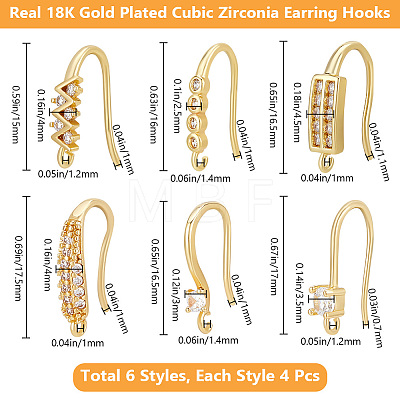 Beebeecraft 24Pcs 6 Style Rack Plating Brass Pave Cubic Zirconia Earring Hooks KK-BBC0012-31-1