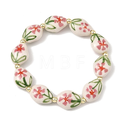 Handmade Printed Porcelain Floral Oval Beaded Stretch Bracelets BJEW-JB14182-1