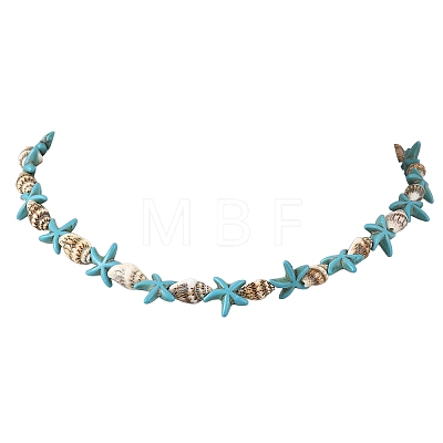 Ocean Natural Spiral Shell & Dyed Synthetic Turquoise Starfish Beaded Necklaces NJEW-JN06305-1
