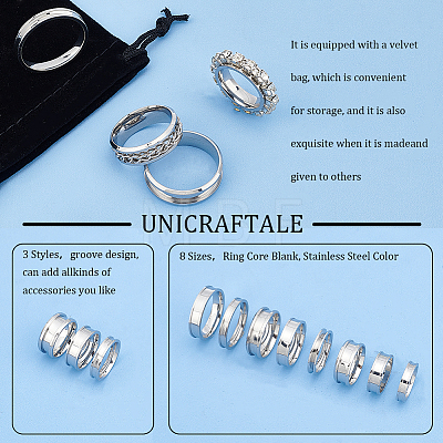 Unicraftale 24Pcs 24 Style 201 & 304 Stainless Steel Grooved Finger Ring Settings STAS-UN0044-15-1
