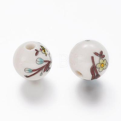 Round Handmade Flower Printed Porcelain Ceramic Beads X-PORC-Q199-12mm-17-1