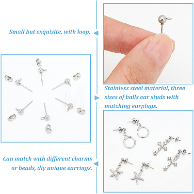   100Pcs 304 Stainless Steel Ball Stud Earring Findings STAS-PH0004-36-1