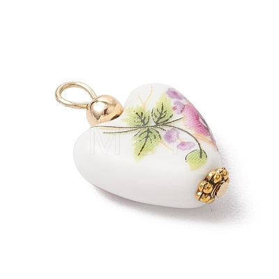 Heart Shaped Pink Floral Printed Porcelain Pendants PALLOY-JF03972-1