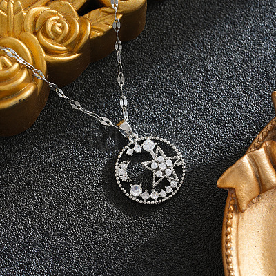 Brass Pave Clear Cubic Zirconia Ring with Star Moon Pendant 201 Stainless Steel Dapped Chain Necklaces for Women WG1E008-02-1
