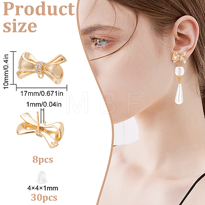8Pcs Brass Micro Pave Clear Cubic Zirconia Bowknot Stud Earring Findings KK-BC0011-03-1
