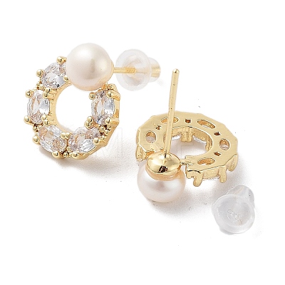 Ring Natural Pearl Stud Earrings with Brass Micro Pave Cubic Zirconia and 925 Sterling Silver Pins EJEW-P256-88G-1