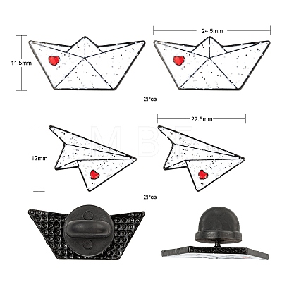 4Pcs 2 Style Origami Plane & Ship with Heart Enamel Pin JEWB-LS0001-37-1