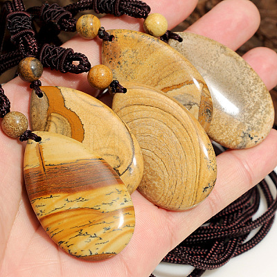 Natural Picture Jasper Teardrop Pendant Adjustable Cotton Cord Long Necklaces for Women WG5FD2E-01-1