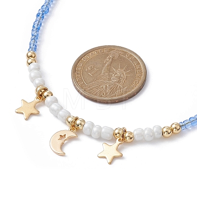Moon & Star Brass Pendant Necklace with Glass Seed Beaded Chains for Women NJEW-JN04391-1