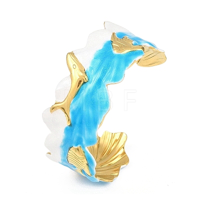 Ocaen Theme 304 Stainless Steel Enamel Cuff Bangles for Women BJEW-Z160-03G-01-1