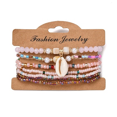 Bohemian Resin & Alloy & Glass Beads & Shell & Plastic Pearls Beaded Stretch Bracelets BJEW-Z169-01F-1