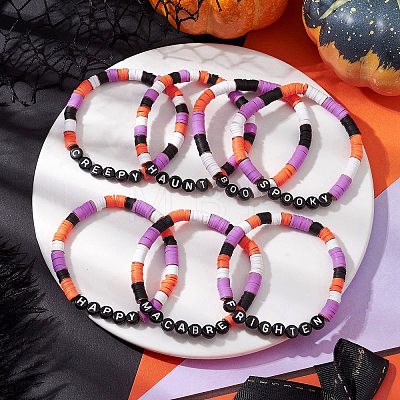 Halloween Word Acrylic & Handmade Polymer Clay Beaded Stretch Bracelets BJEW-JB10887-1