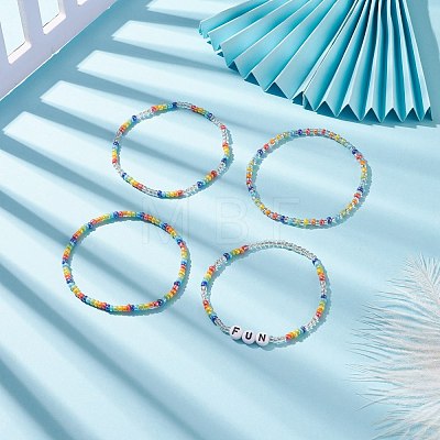 4Pcs 4 Style Word Fun Acrylic & Glass Seed Beaded Stretch Bracelets Set for Women BJEW-JB08619-1
