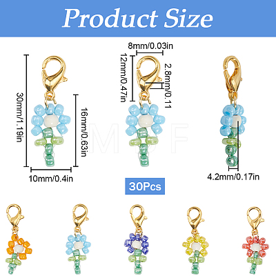 SUNNYCLUE 30Pcs Dyed Synthetic Turquoise & Glass Seed Beaded Flower Pendant Locking Stitch Markers HJEW-SC0001-55-1