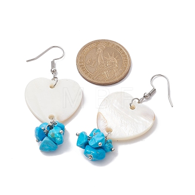 Natural Shell Heart with Synthetic Turquoise Chips Dangle Earrings EJEW-JE05482-1