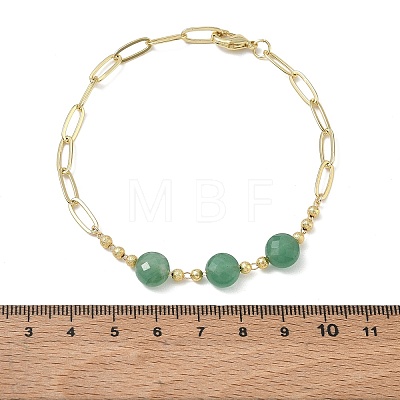 Natural Green Aventurine Faceted Flat Round Beaded Brass Paperclip Chain Bracelets GG-CBA37F5-02G-01-1