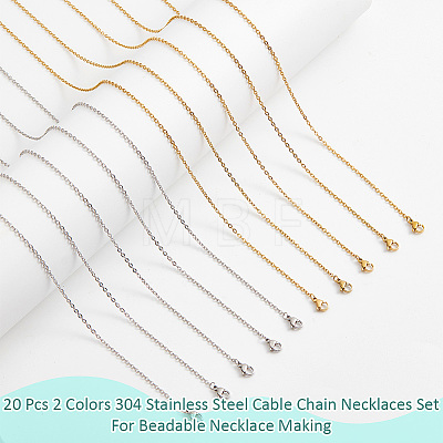  20Pcs 2 Colors 304 Stainless Steel Cable Chain Necklaces Set MAK-NB0001-23-1