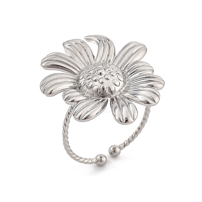 Flower 304 Stainless Steel Open Cuff Ring for Women RJEW-M049-04P-1