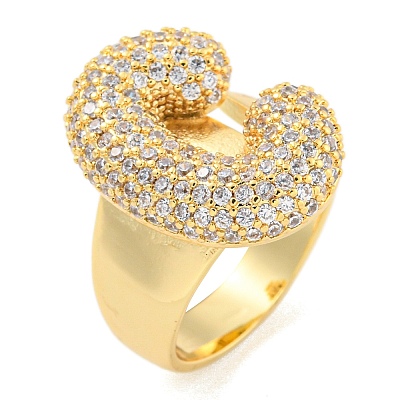 Brass Micro Pave Clear Cubic Zirconia Letter Open Cuff Ring for Women RJEW-M173-01G-C-1