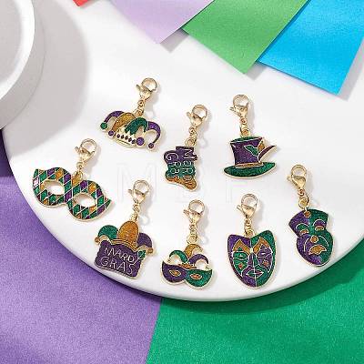 8Pcs 8 Styles Carnival/Mardi Gras Theme Alloy Enamel & Glitter Powder Pendants Decoration HJEW-JM02997-1