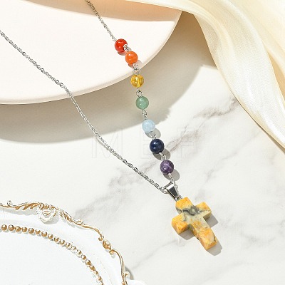 Chakra Natural Crazy Agate Religion Cross Pendant 304 Stainless Steel Cable Chain Necklaces for Women NJEW-JN06268-02-1