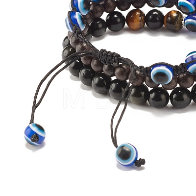 3Pcs 3 Style Natural Obsidian & Tiger Eye & Wood Stretch Bracelets Set BJEW-JB07622-1