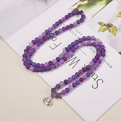 Natural Weathered Agate Round Beaded Wrap Bracelet with Alloy Ohm/Aum Lotus AJEW-PH00503-01-1