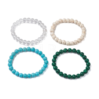 4Pcs Constellation 8mm Round Synthetic Turquoise & Quartz Crystal & Malachite & Magnesite Beaded Stretch Bracelets for Women BJEW-JB10634-1