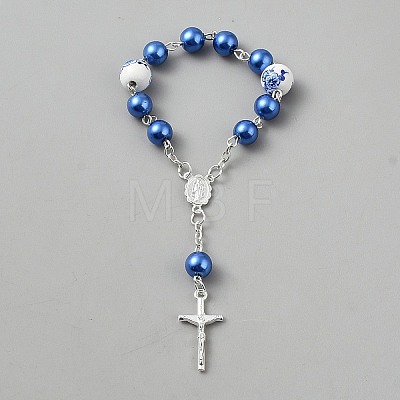 Plastic Imitation Pearl and Porcelain Round Link Metal Virgin Cross Charm Rosary Bracelets BJEW-WH0041-51B-1