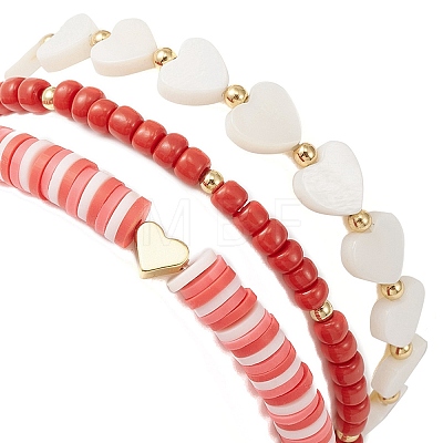 3Pcs 3 Style Polymer Clay Heishi & Natural Shell Heart & Seed Beaded Stretch Bracelets Set for Valentine's Day BJEW-TA00290-1