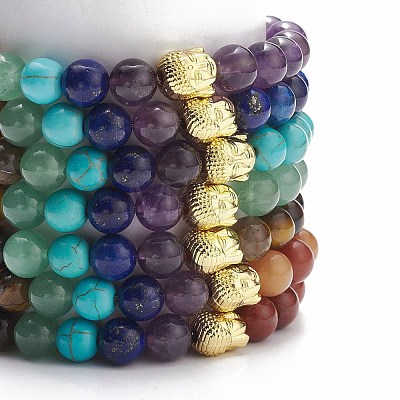 7Pcs 7 Style Natural & Synthetic Mixed Gemstone Stretch Bracelets Set with Alloy Buddha Head Beaded BJEW-JB08783-1