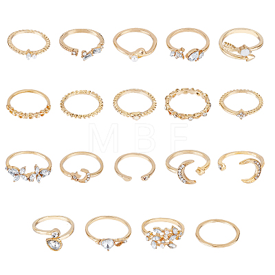 19Pcs 19 Style Alloy Open Cuff Rings Set with Rhinestone RJEW-FI0001-16-1