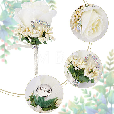 8Pcs Cloth Rose Flower Boutonniere Brooch with Rhinestone AJEW-CP0001-79A-1